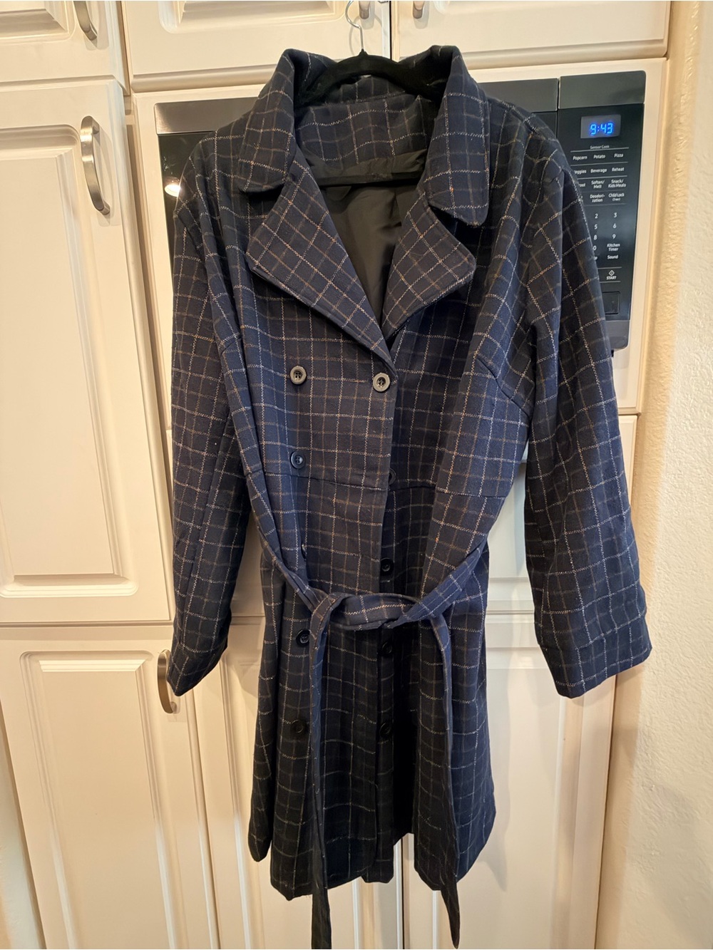 SHEIN CURVE Navy Windowpane Double-Breasted Peacoat with Belt